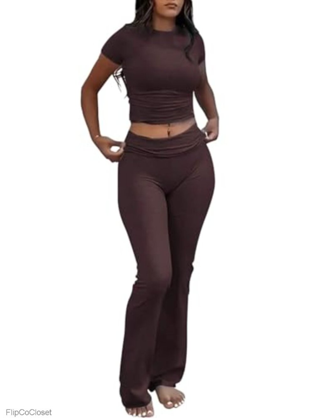 Women's 2 Piece Lounge Set Low Rise Flare Leggings Short Sleeve Top Soft 92%